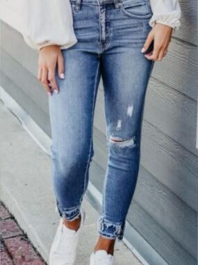 New Botique Distressed Frayed double hemmed Ankle Skinny Jeans sz 16